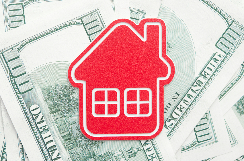 red home sign on hundred dollar bills. Real Estate business Conc